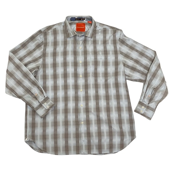 XL Tommy Bahama Flip Cuff Button Down Blue and Brown plaid shirt - Picture 1 of 13
